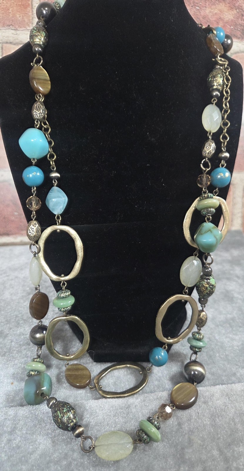 Chicos Vintage Double Strand Necklace Turquoise, Tigers Eye Hammered Gold Boho