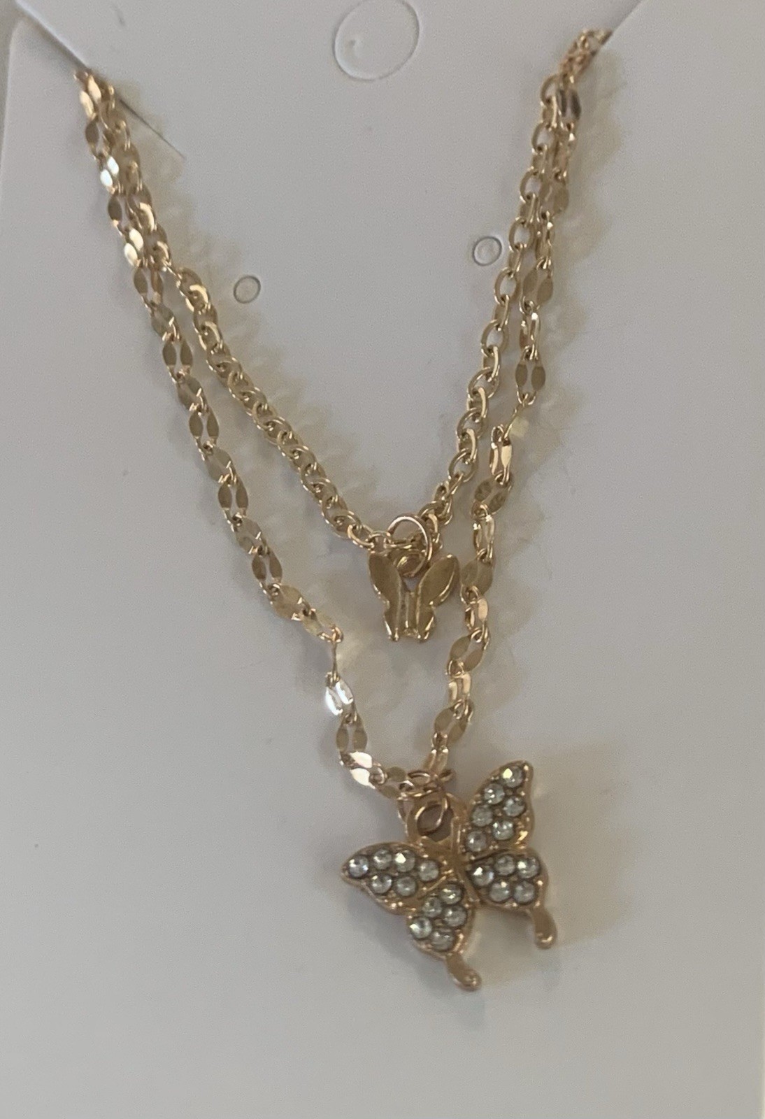 Gold Tone Layered Butterfly Charm Necklace with Clear Crystal Pendant, 16.14″