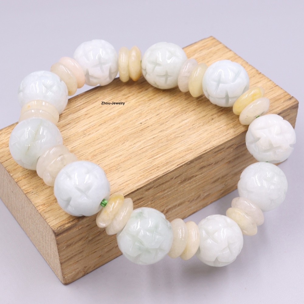 Natural Grade A Jade 14mm Carved Bead Handmade Women Men Elastic Bracelet
