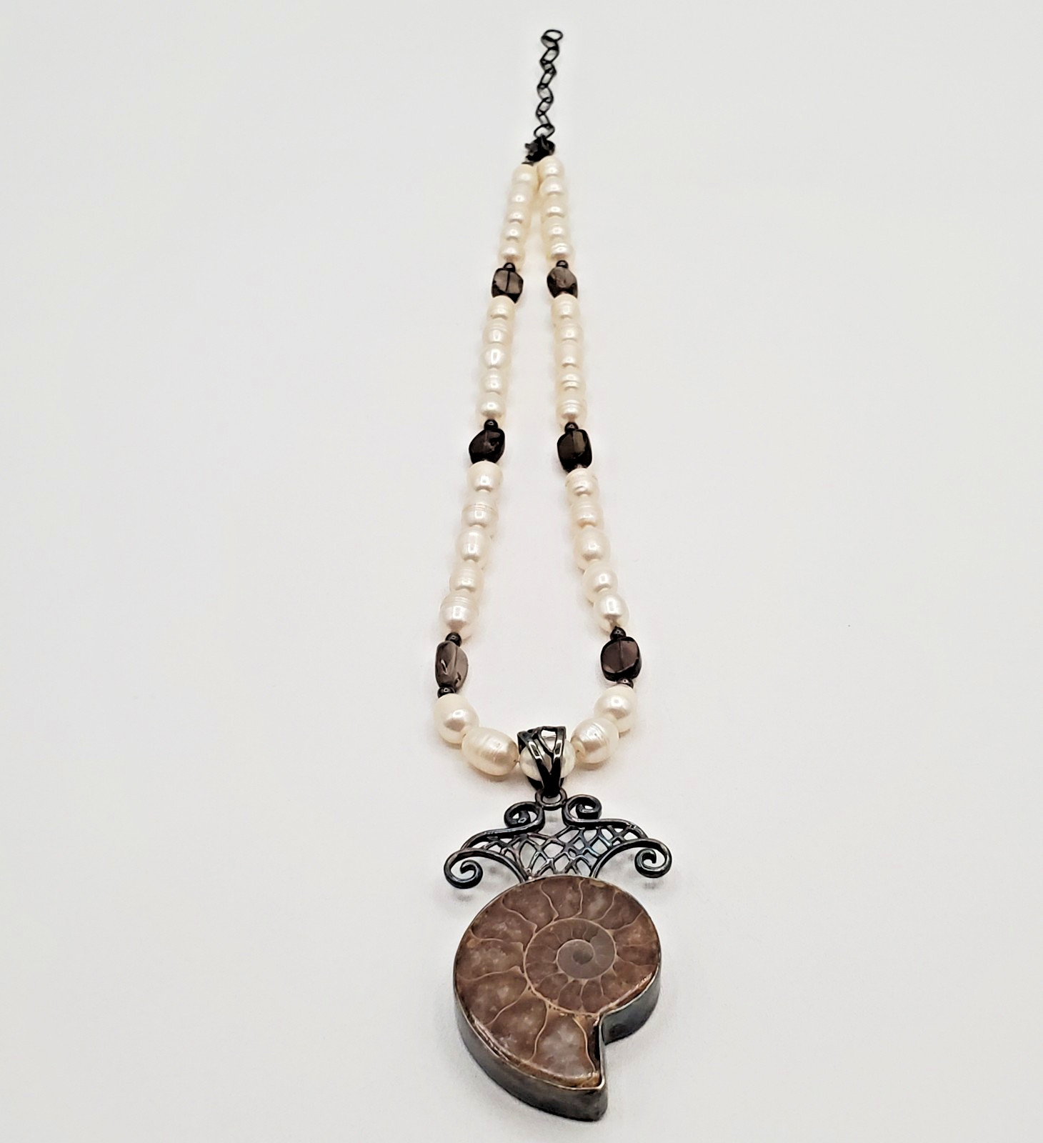 VTG 925 Ammonite Fossil Pendant Pearl Glass 16in Necklace Sterling Silver 40gtw