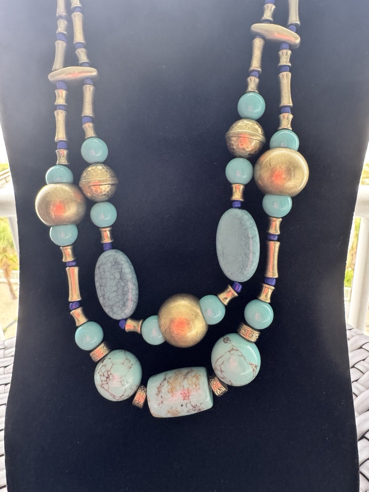 Chico’s Blue Turquoise Beaded Layered Statement Necklace Gold Tone Signed