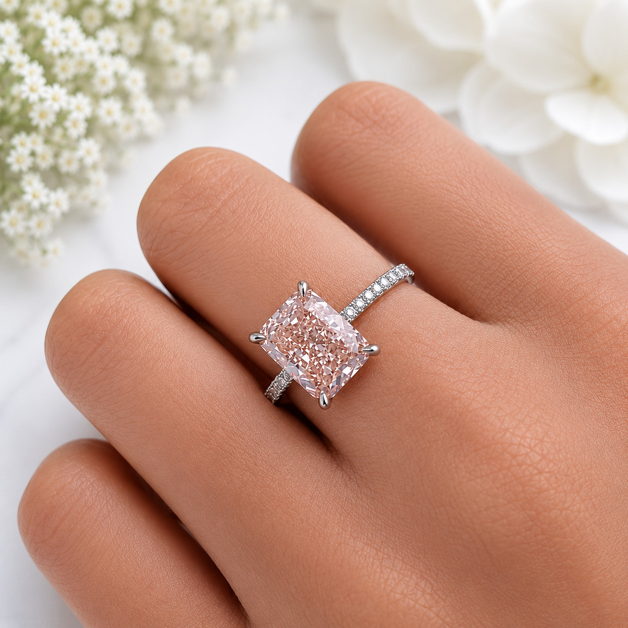 3.75 CT Radiant Cut Fancy Vivid Pink Lab Grown Diamond Women Ring 18K White Gold
