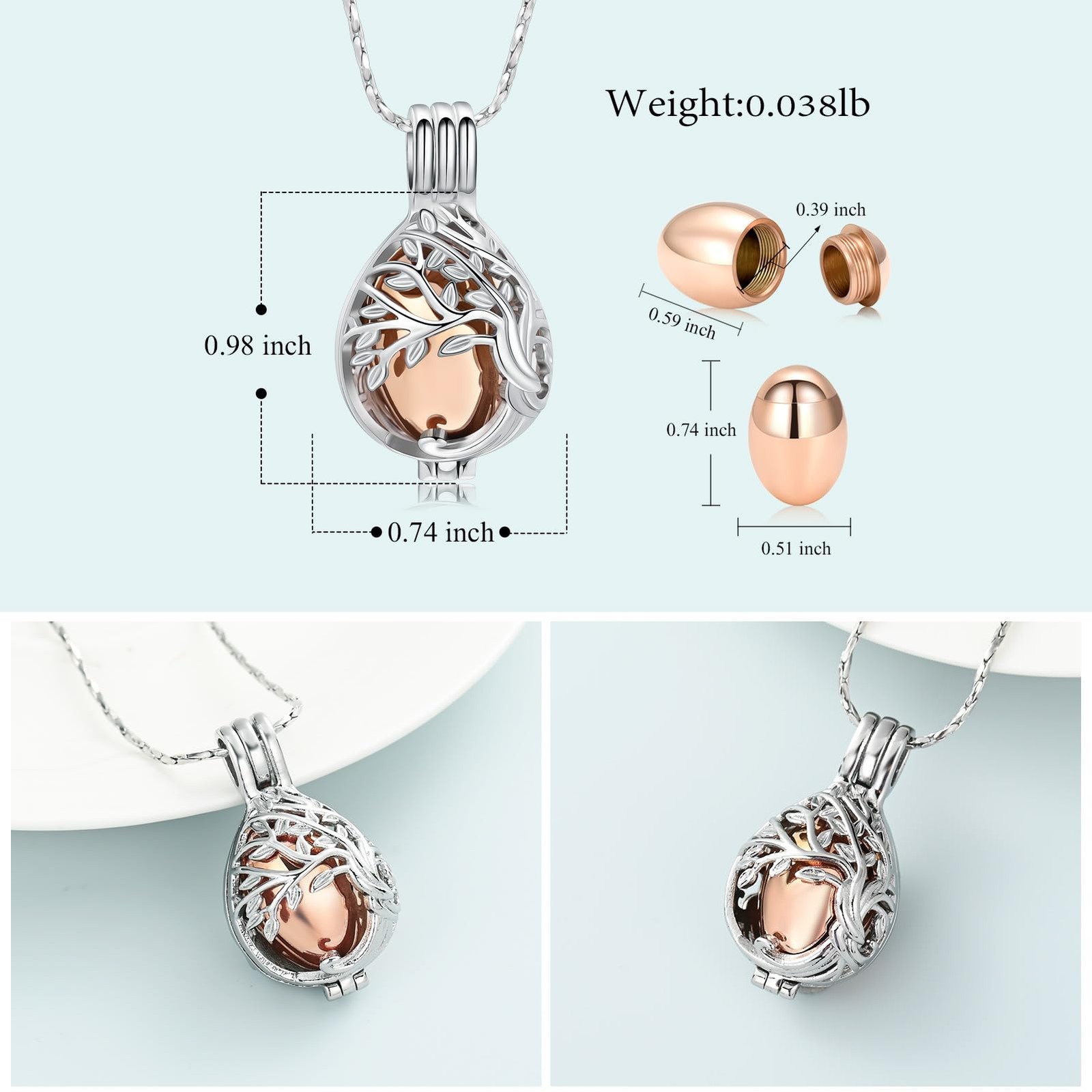 Teardrop Urn Necklace for Ashes Tree of Life Cremation Jewelry (Rose Gold)