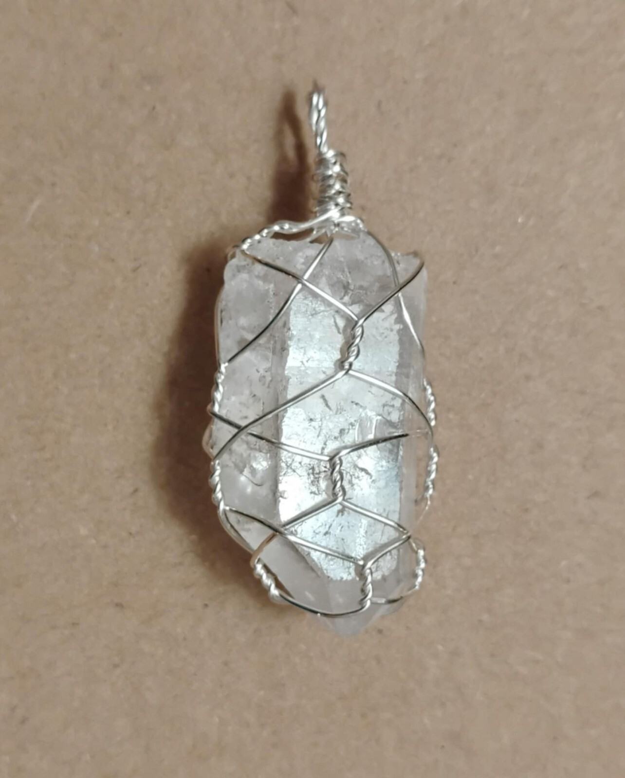 Natural Clear Quartz Crystal Point Pendant Hand-wrapped in Silver-coated Wire