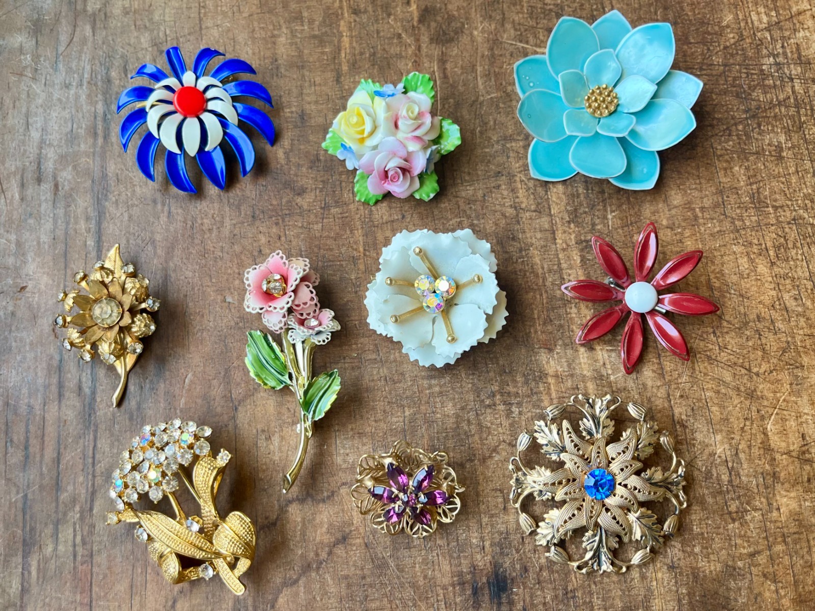 Vintage Flower Brooch Lot #2, 10 Pieces, Enamel, Metal, Rhinestone, Ceramic