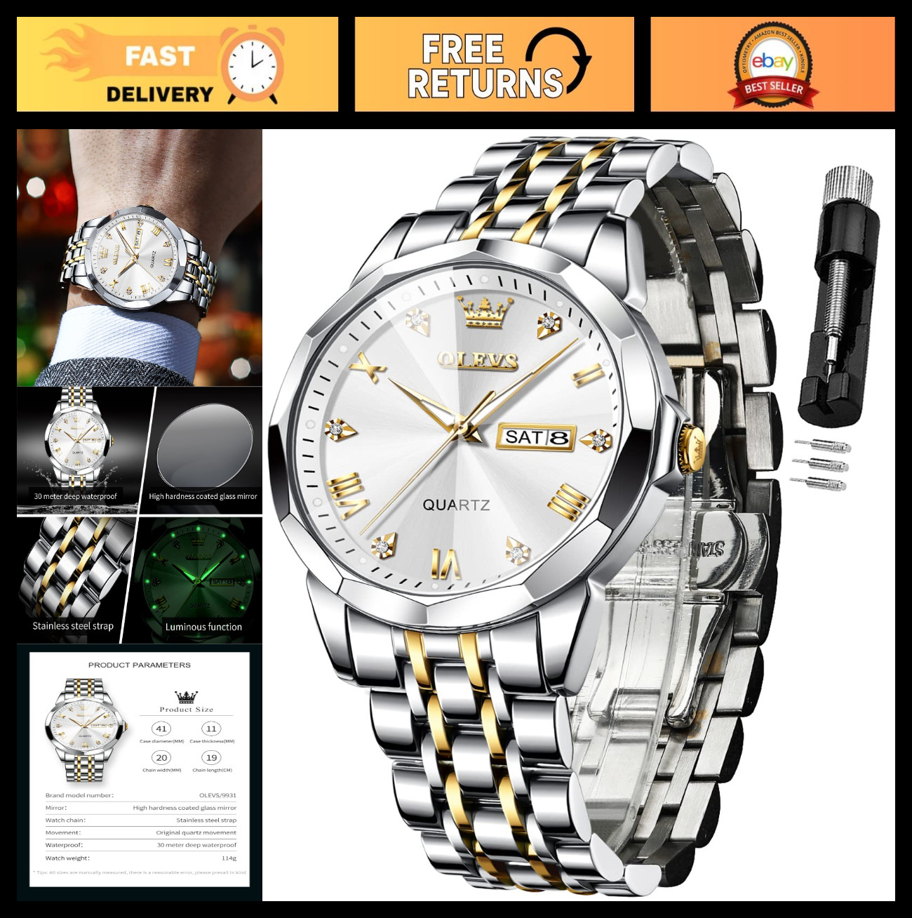 Luxury Men’s Diamond Watch, Waterproof Analog Quartz, Luminous Date, Two-Tone St