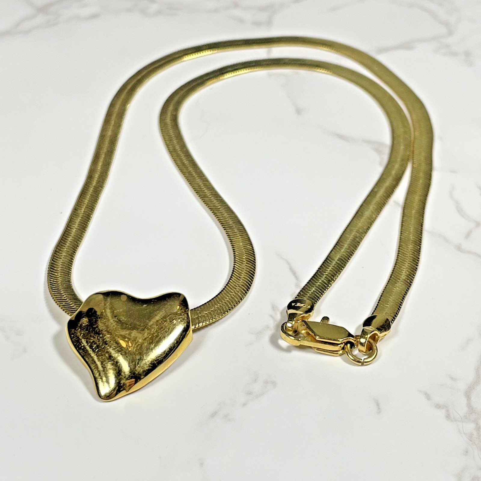 Vtg 1980s Signed Korea Liquid Gold Herringbone Flat Chain Puffed Heart Pendant