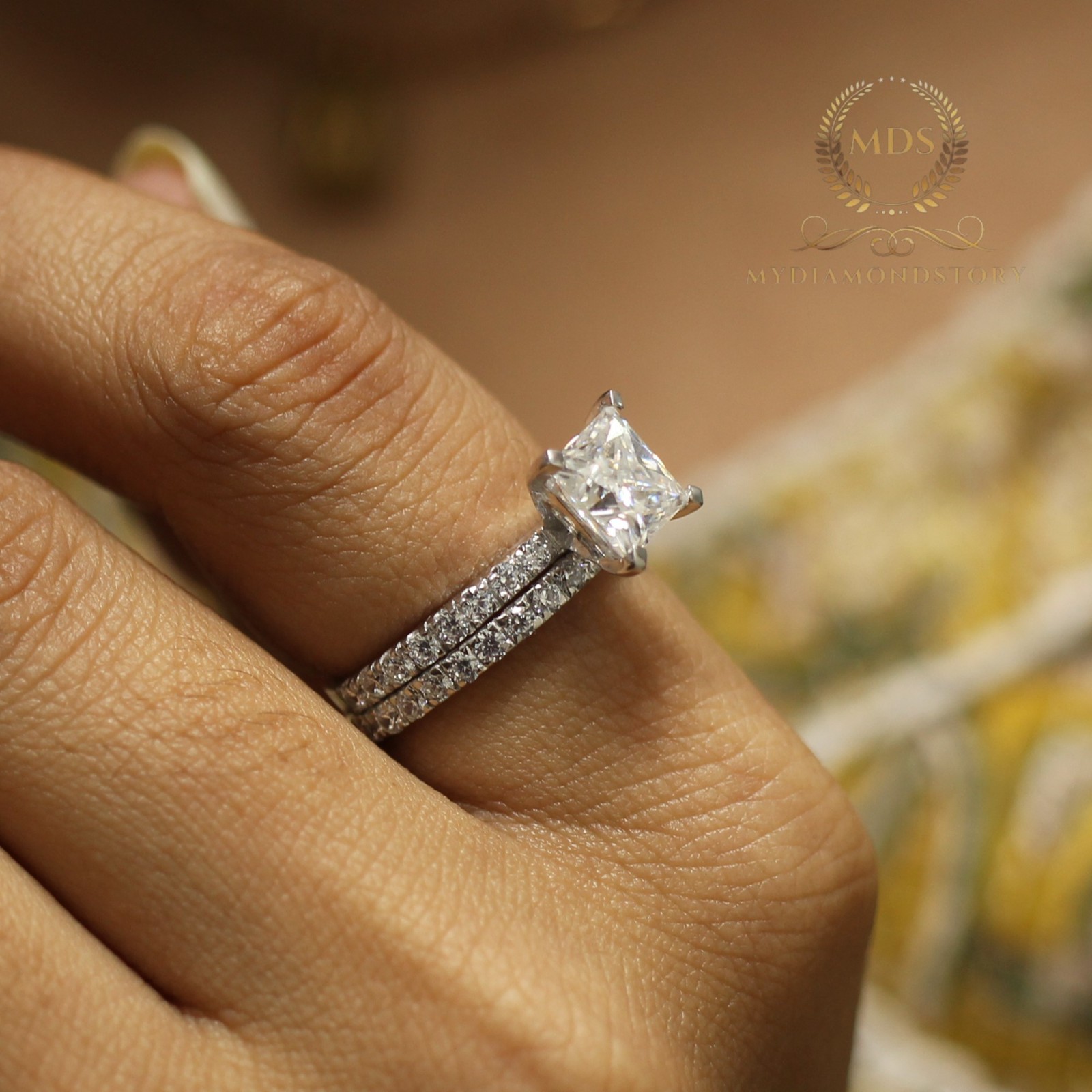 3 Carat Princess Cut Moissanite Bridal Set Engagement Ring Solid 14K White Gold