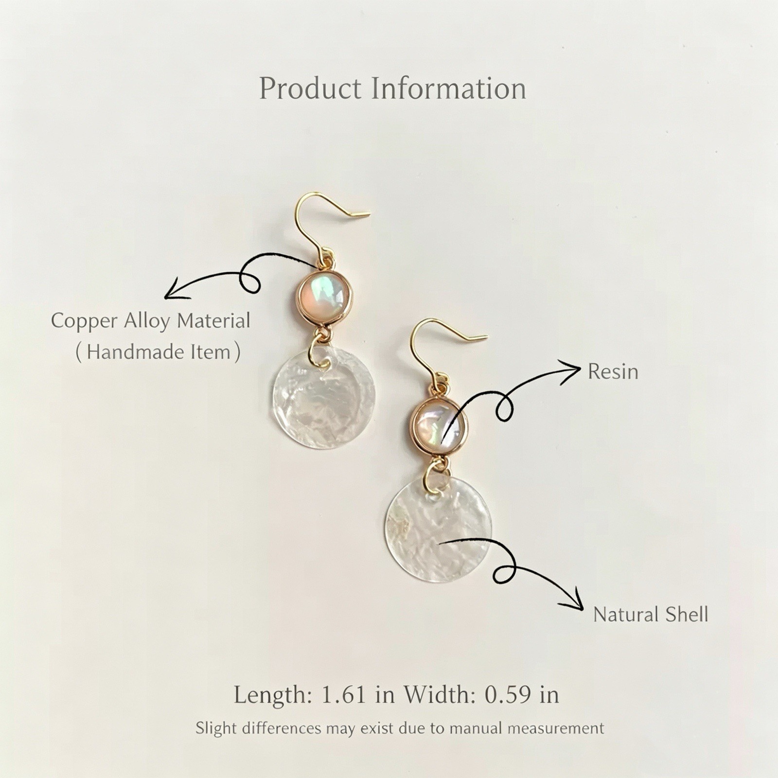 Handmade Copper Alloy Drop Earrings Natural Shell Resin Dangle Women Jewelry