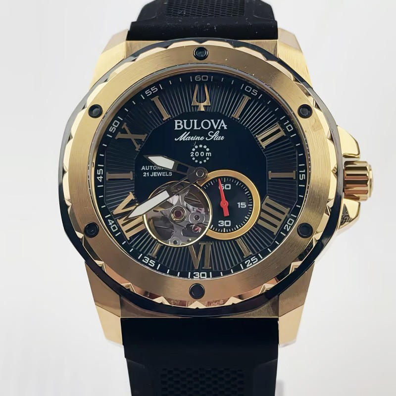 Bulova Marine Star A 98A272 Men’s Automatic Watch Black Gold Dial Silicone Strap