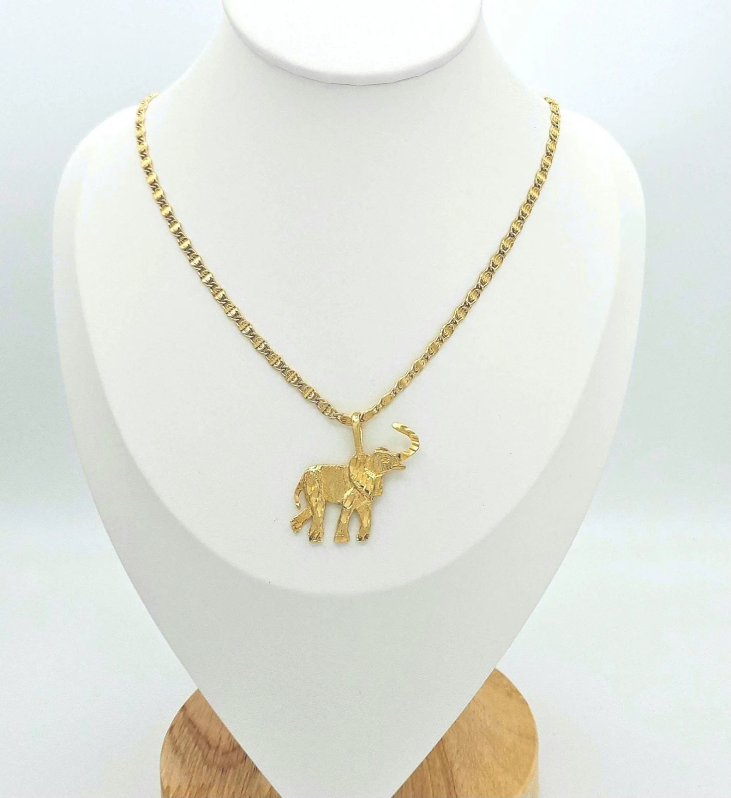 Gold Elephant Necklace, Medium Elephant Pendant, 3mm Scroll Chain, 14K Plated