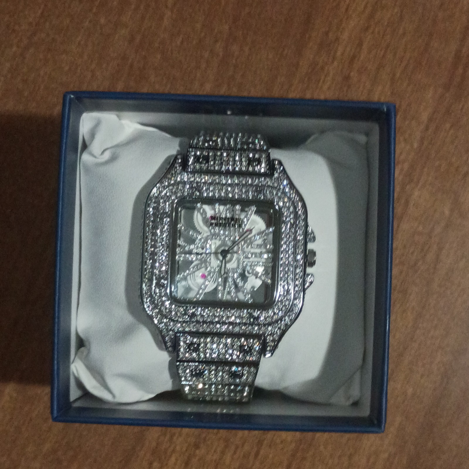 Square Analog Wristwatch Roman Numerals Rhinestone Bezel Silver Bracelet Box