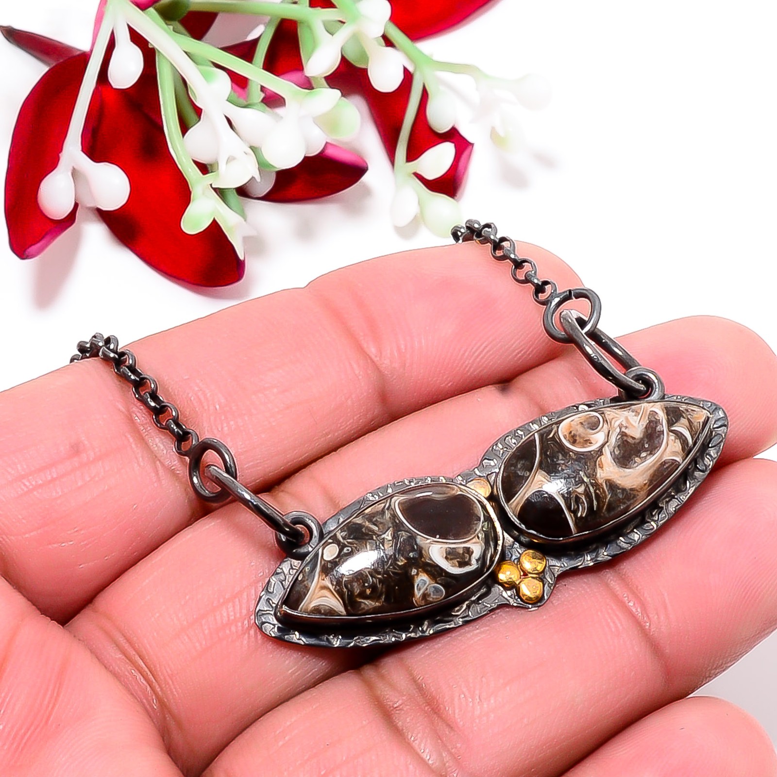 Turritella Agate Black & Gold Rhodium 925 Silver Chain Pendant 18-22″ Cp10468118