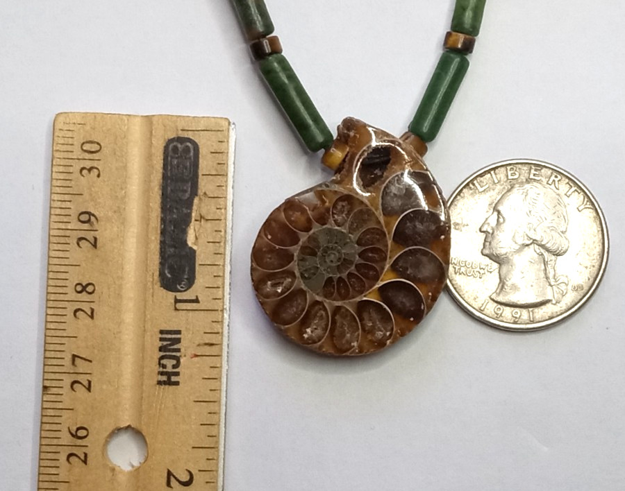Fossil Ammonite With Nephrite beads Adjustable and Hand Braided Necklace
