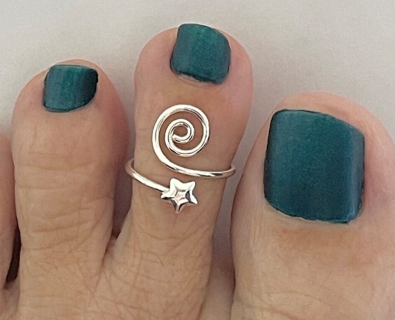 Solid Metal 925 Silver Women’s Swirl Star Adjustable Toe Ring White Gold Plated