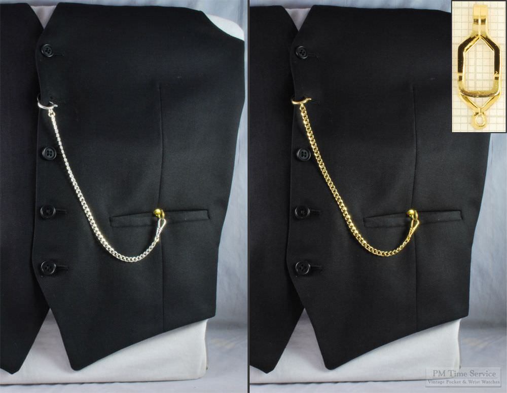 Straight pocket watch chain w/ open-style belt clip; various finish options