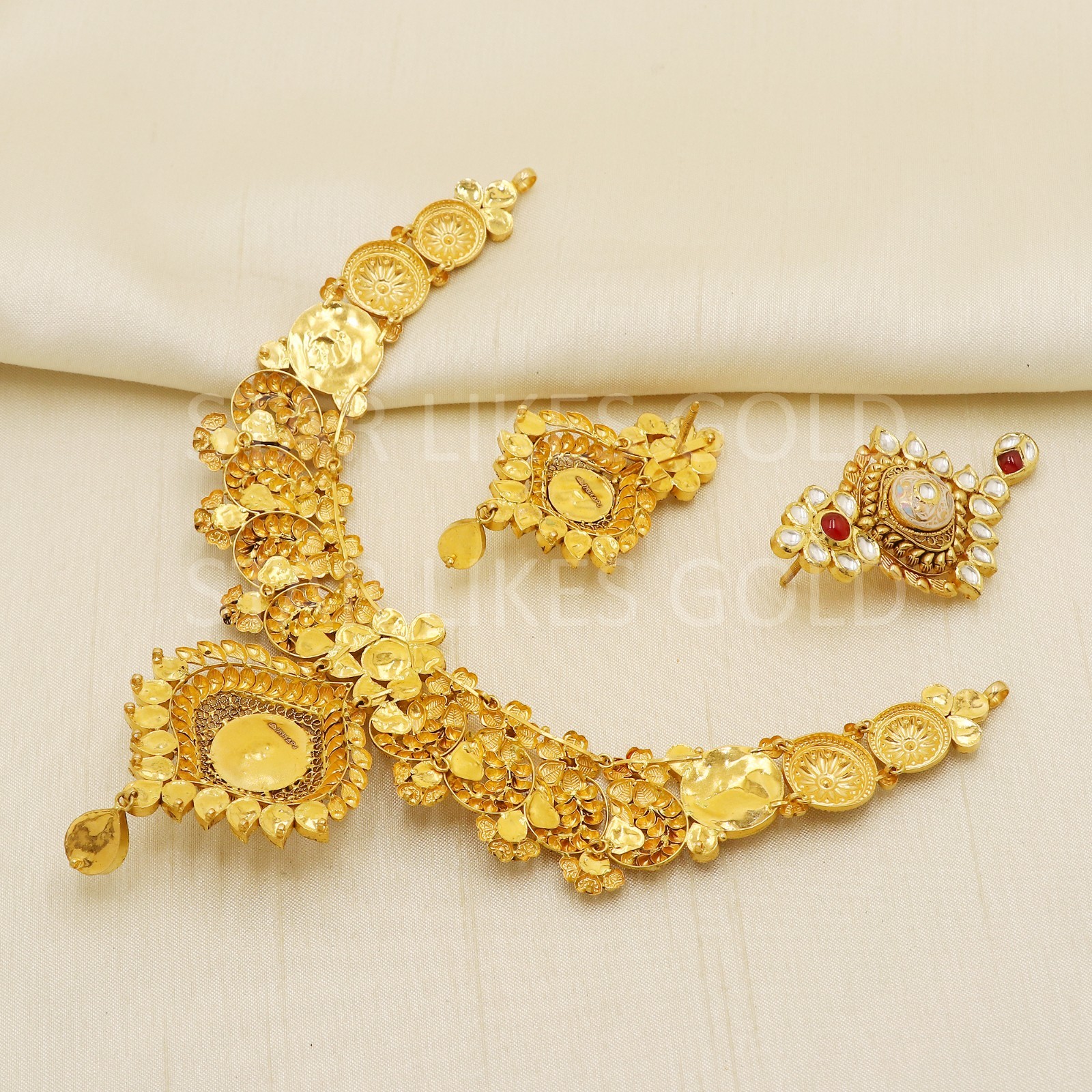 22K Yellow Gold Kundan Meenakari Choker Necklace Earrings Set Bridal 46g Fine