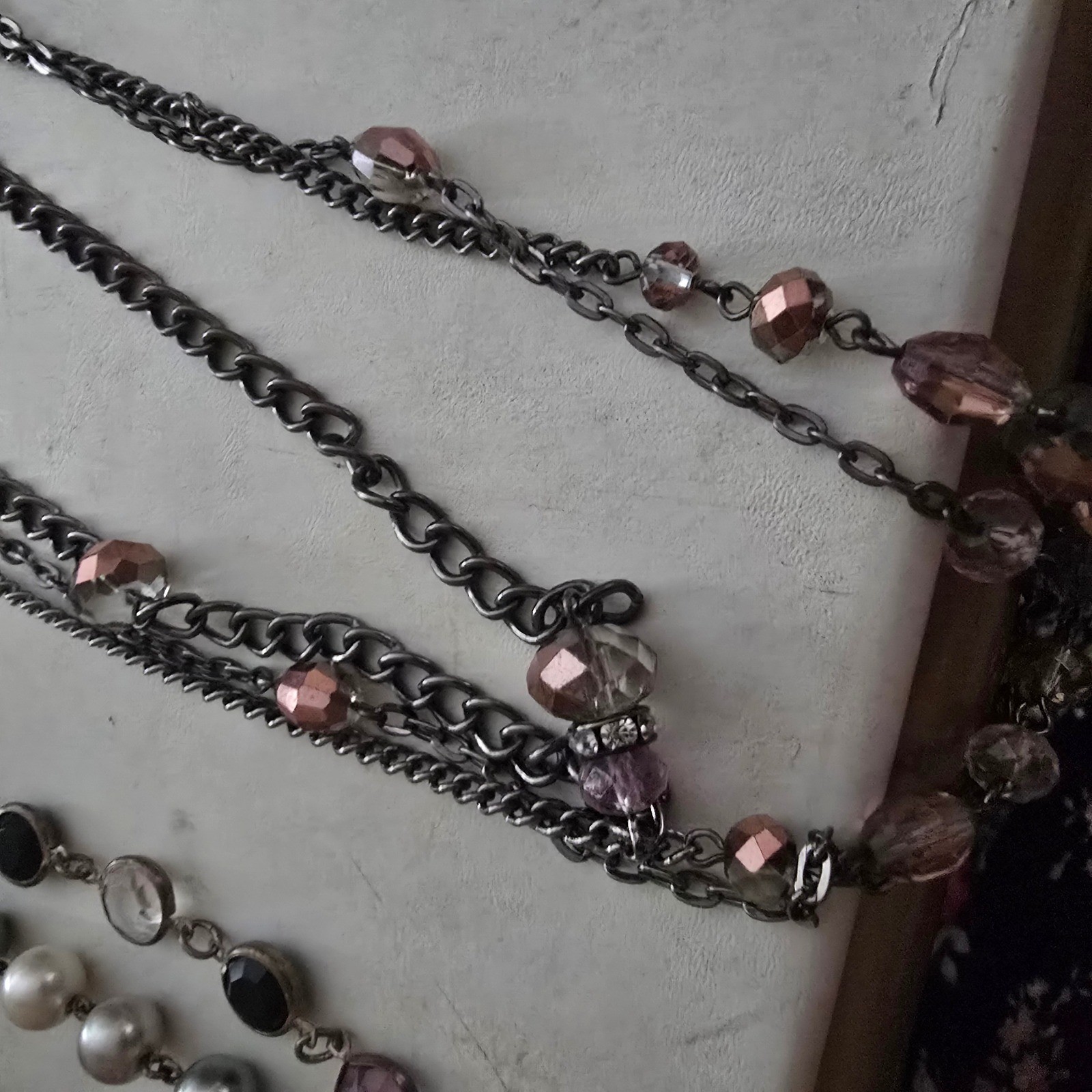 Lot of 2 Long Beaded Necklaces Faux Pearl Gunmetal Multi Strand Fashion Jewelry