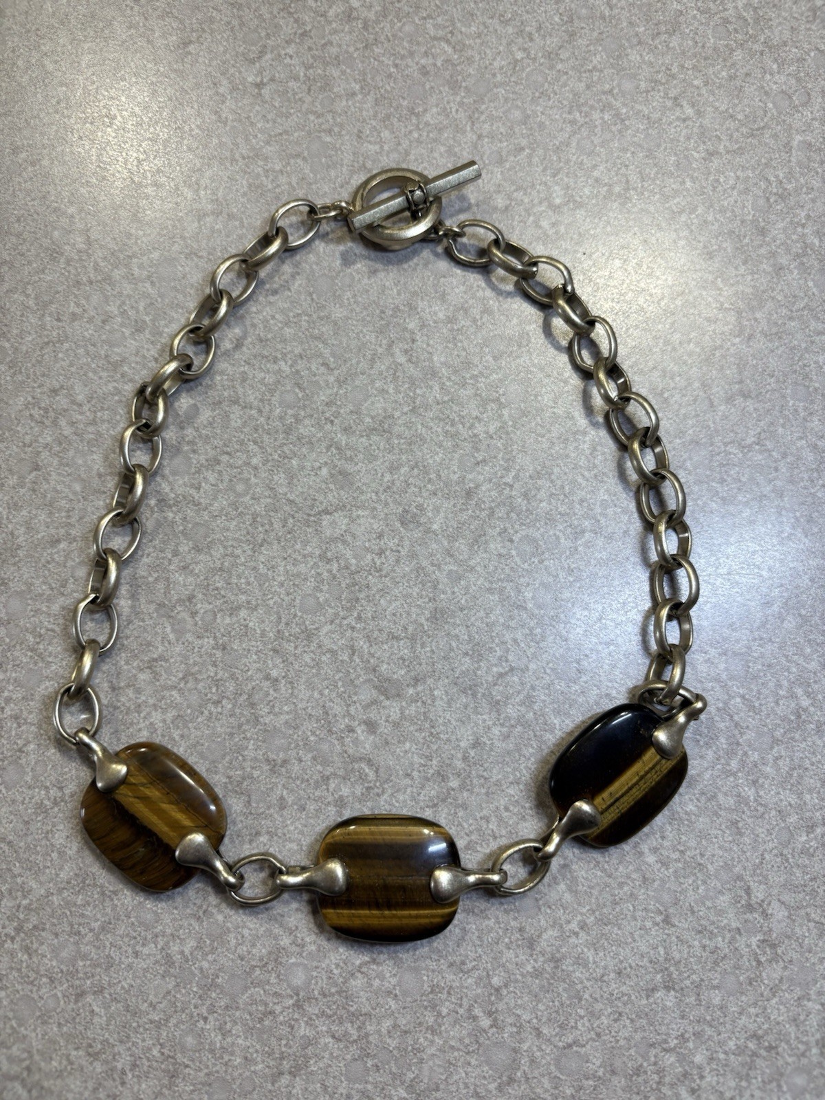 Vintage Ellen Tracy Tigers Eye Gemstone Toggle 18” Necklace Chain Retro Chunky