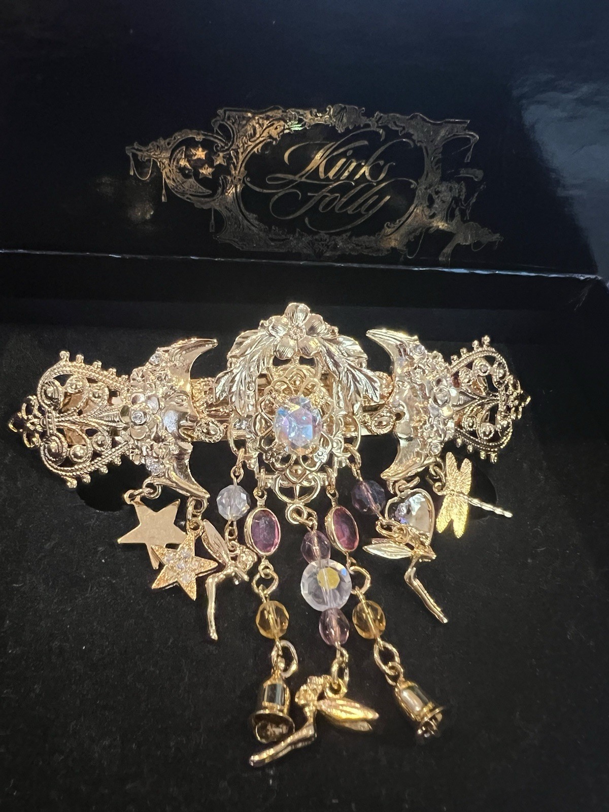 KIRKS FOLLY CELESTIAL HEAVENS HAIR CLIP BARRETTE ANGELS MOON CHARMS RHINESTONE
