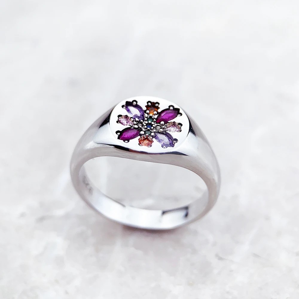 Signet Multicolor Gemstone Floral Blossom Ring size 7 or 8 or 9