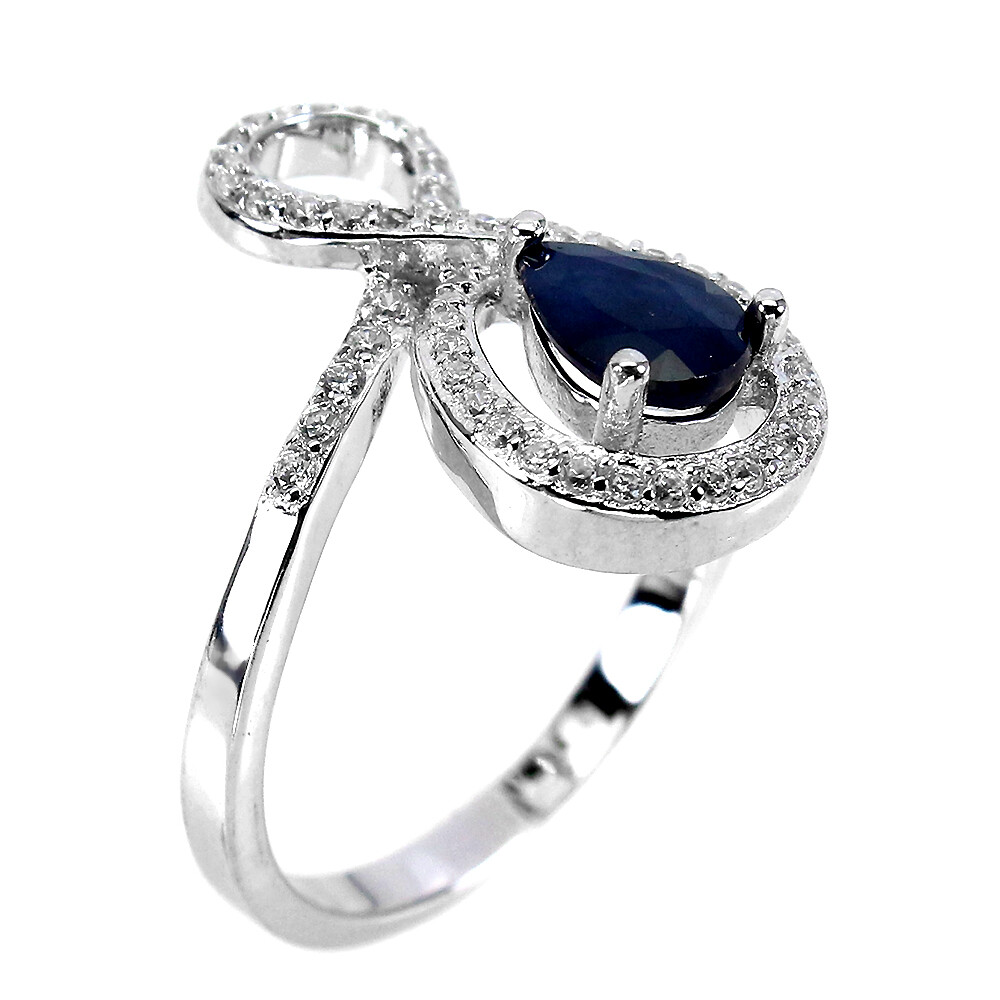 925 Sterling Silver Ring Pear Sapphire Diffused 7x5mm Gemstone Jewelry Gift