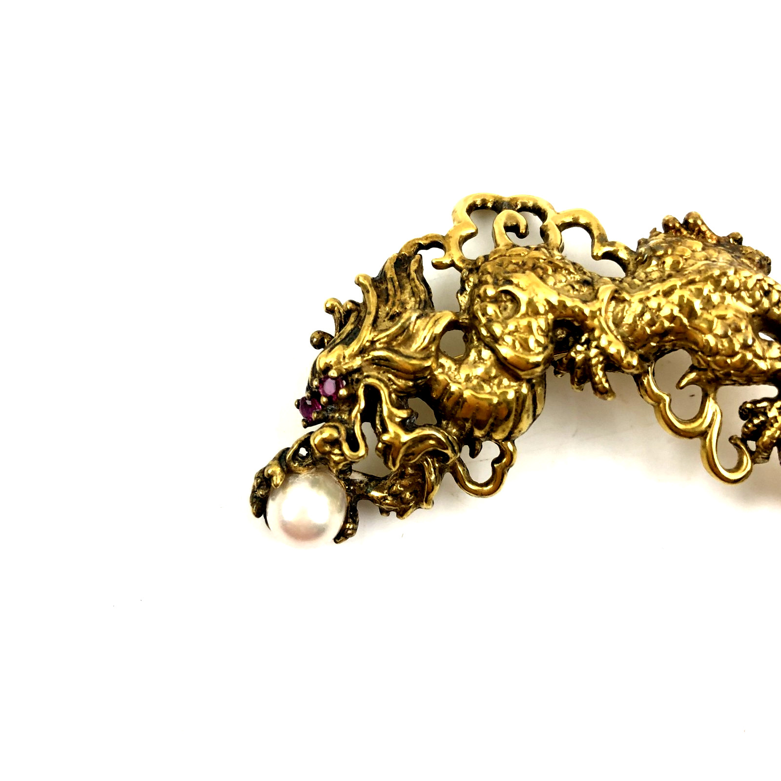 Vtg Antique Mark EN 87 Sterling Silver Gold Chinese Dragon Ruby Yes Brooch Pin