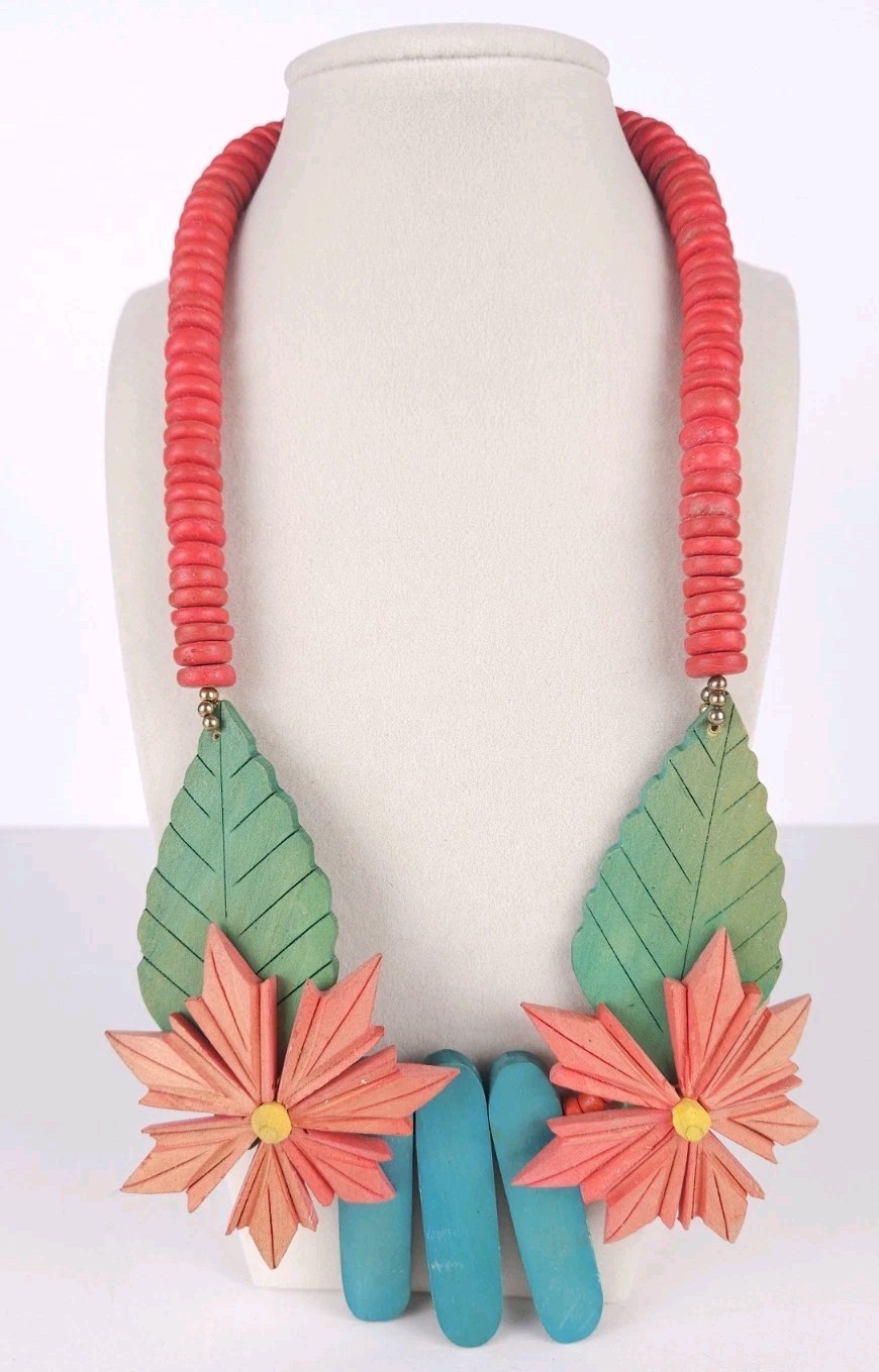 Colorful Dyed Wooden Flower Leaf Statement Beaded Necklace