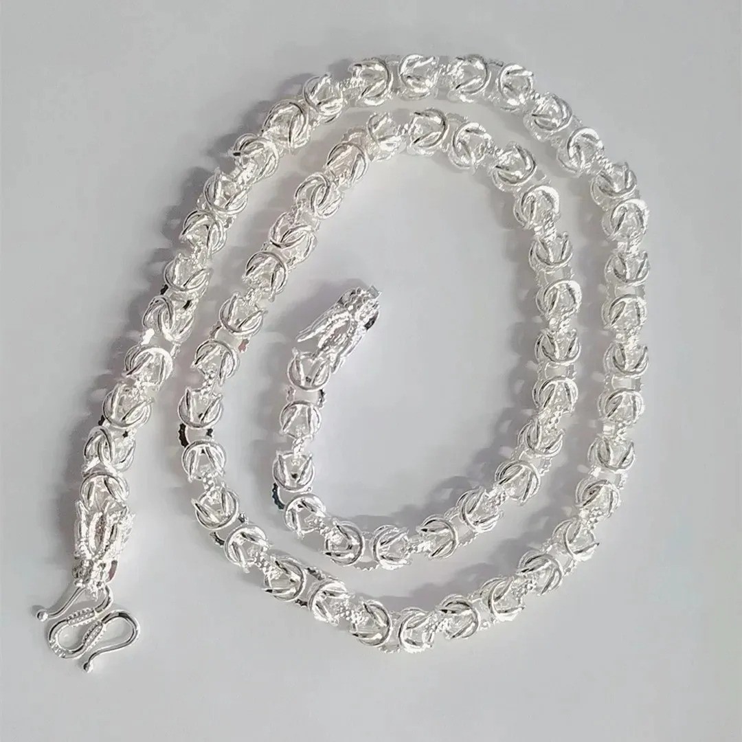 Sterling Silver Necklace For Men Classic 8mm Round Faucet Dragon 60cm Charm