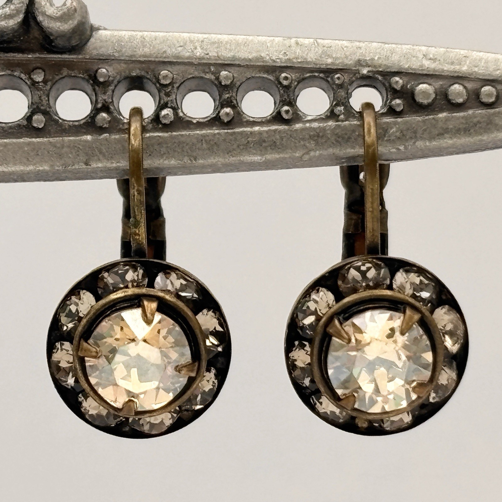 Liz Palacios Antiqued Brass Rondelle Earrings Swarovski Crystals Champagne