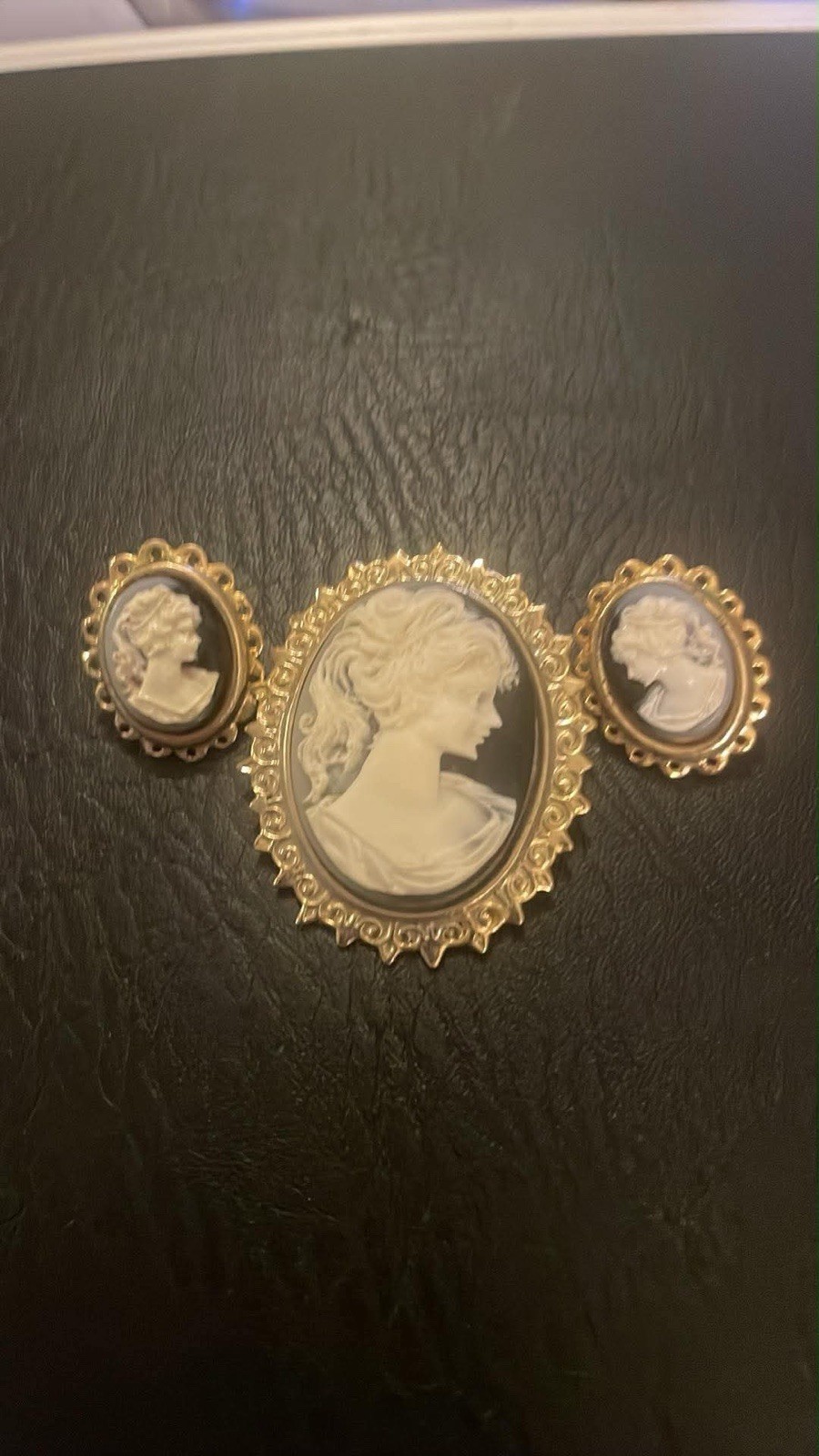 Cameo Jewelry Set 3pc Gold-Tone Oval White Brooch Pendant Earrings