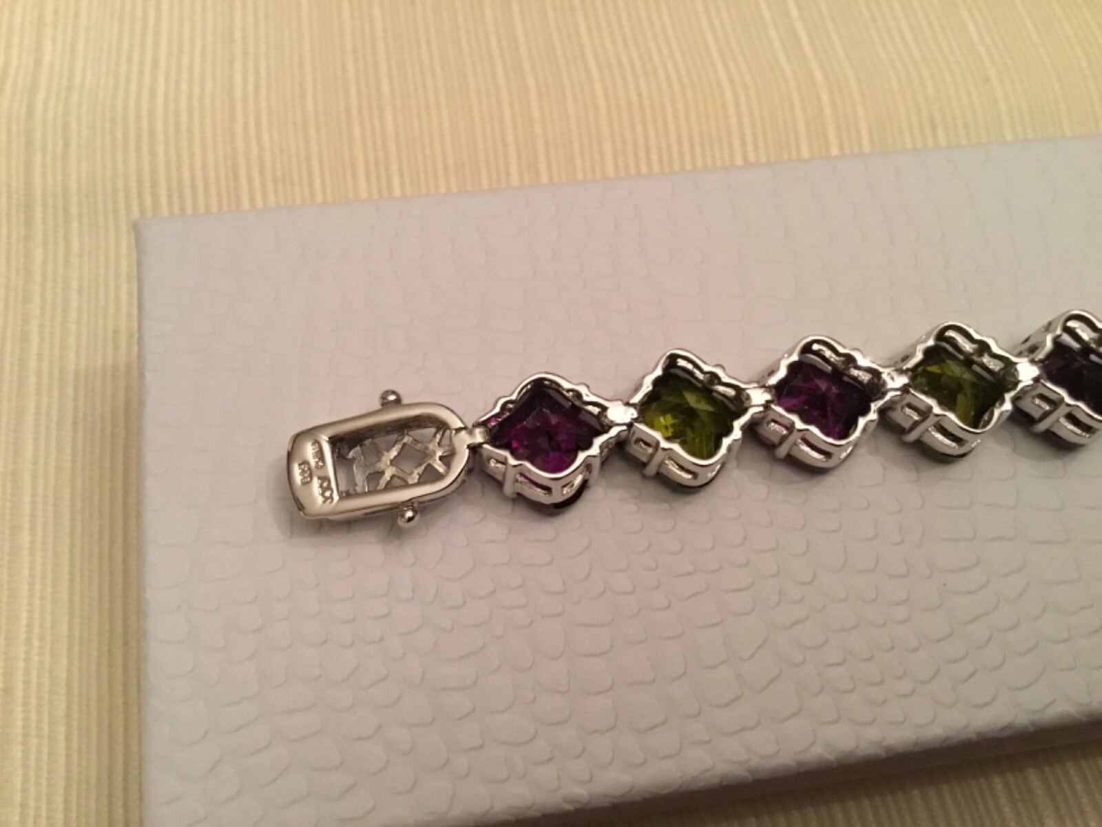Sterling Silver PURPLE AND GREEN QUARTZ TENNIS BRACELET 6.5” DESIGNER SIGNED JJJ