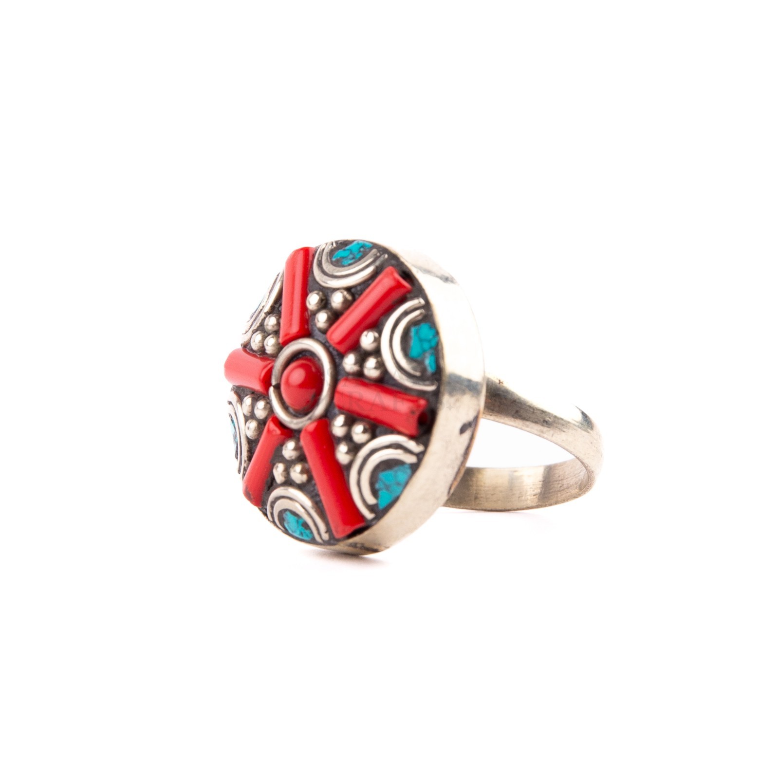 Tibetan Ring, Red Coral Turquoise, Traditional Ring, Handmade Nepali Jewelry, 10