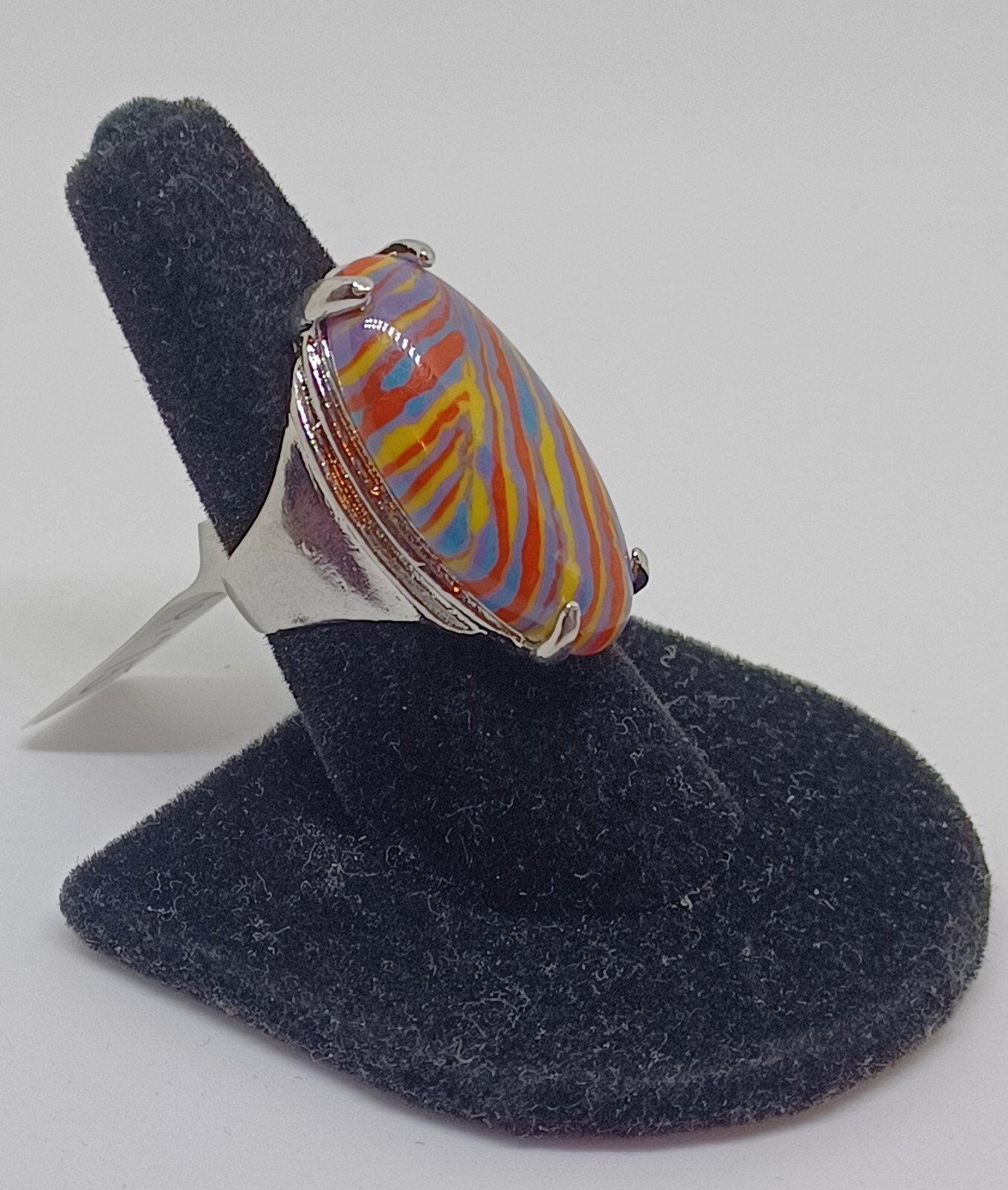 Striped Cabochon Ring Womens Rainbow Colors Stone Size 6.75 Stainless Steel