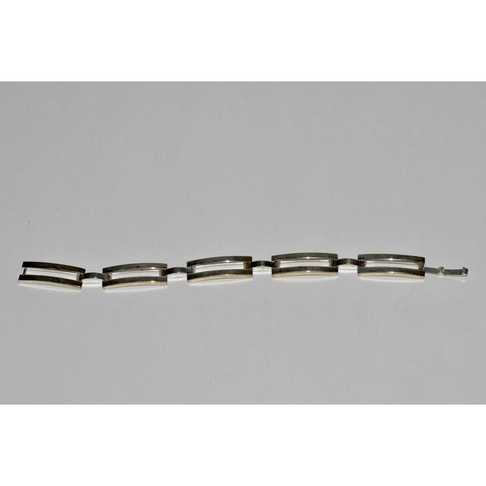 Sterling Silver Link Bracelet, Modernist 5 Link Bracelet Hidden Fold Over Clasp