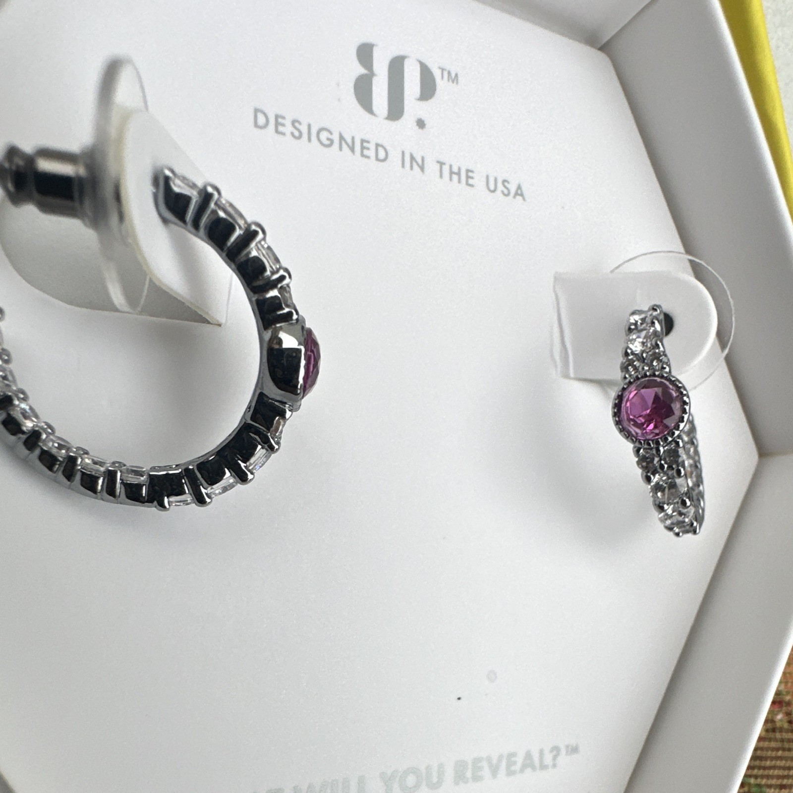 BP “Golden Hour Hoop” OG Earrings Lab-Created Pink Corundum Hematite plated.