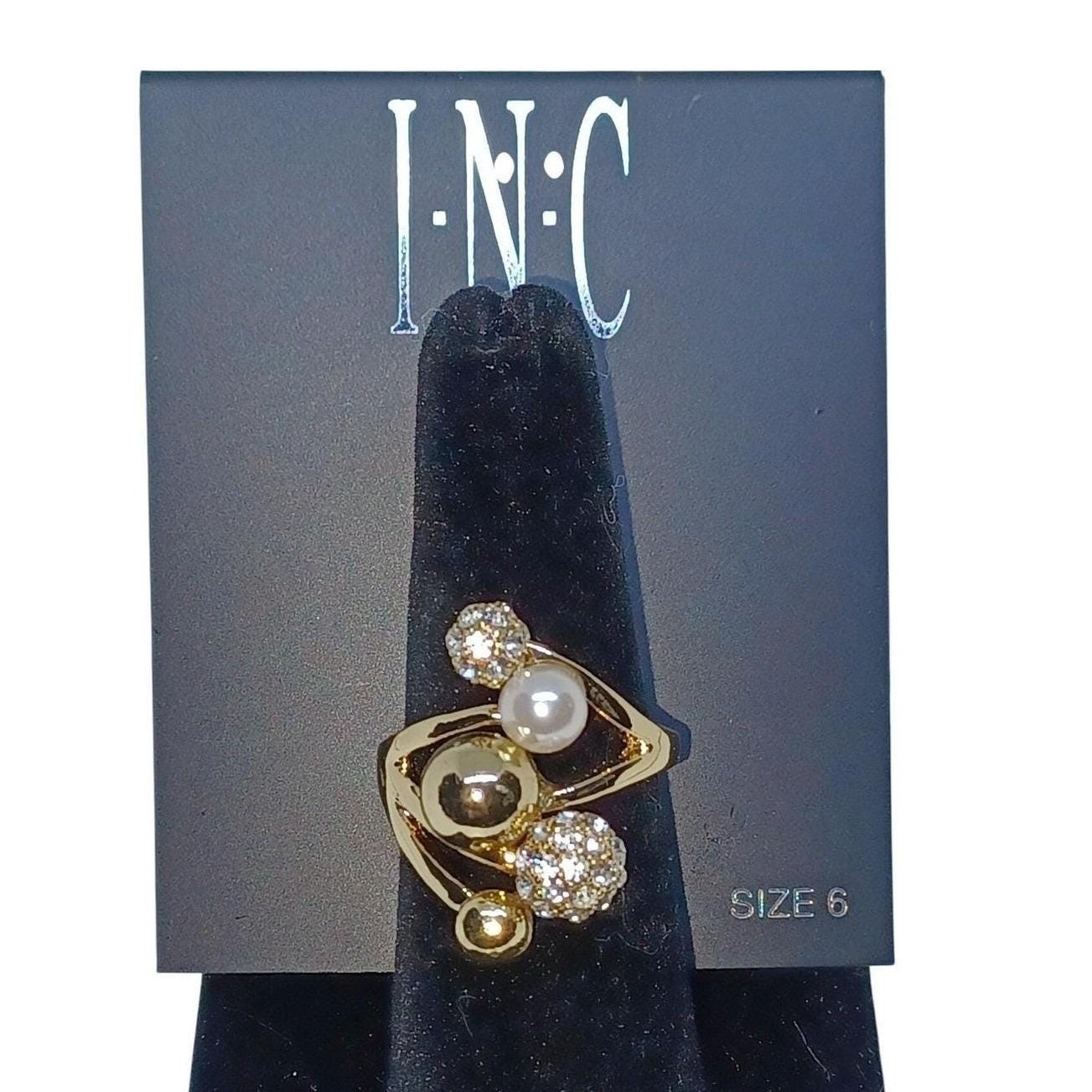 INC International Concepts Gold Tone Pearl Crystal Orb Ring Size 6 New with Tag