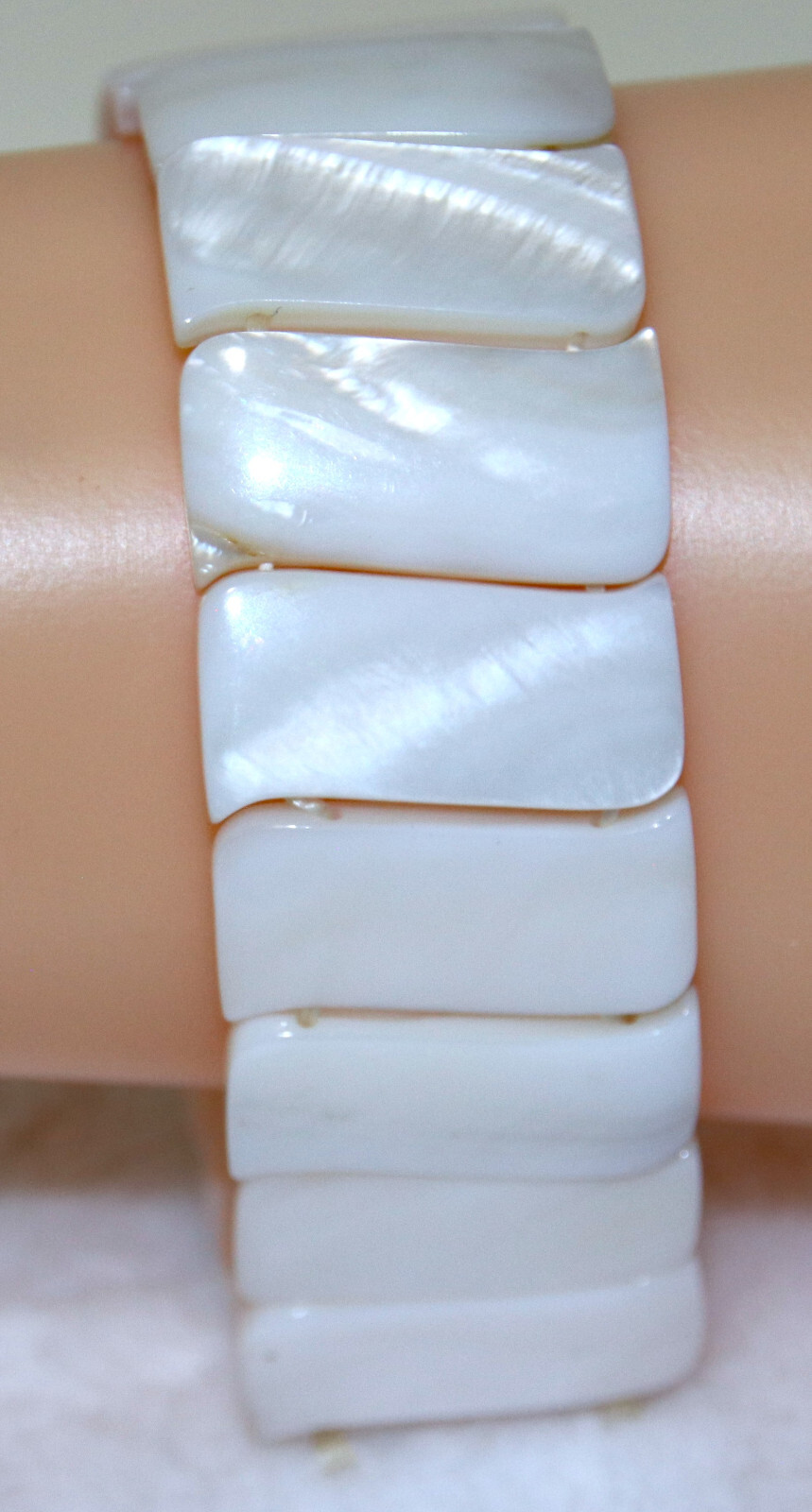 Stretchy White Mother of Pearl Bracelet, Rectangle swirls, 3/4 inch wide
