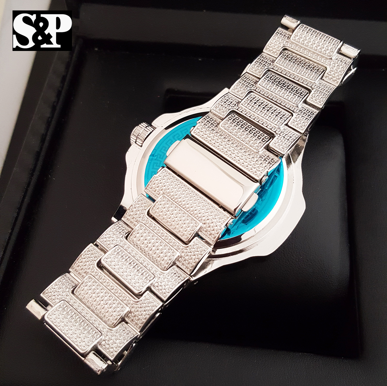 Men’s Luxury Urban Style Bling White Gold PT Simulated Diamond Bracelet Watch