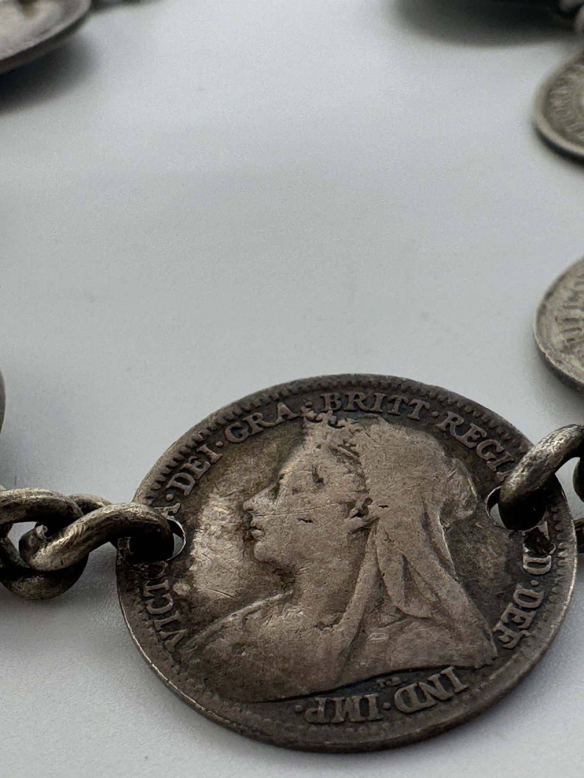 Antiqued GREAT BRITAIN QUEEN VICTORIA GEORGE V Three Pence STERLING BRACELET 7