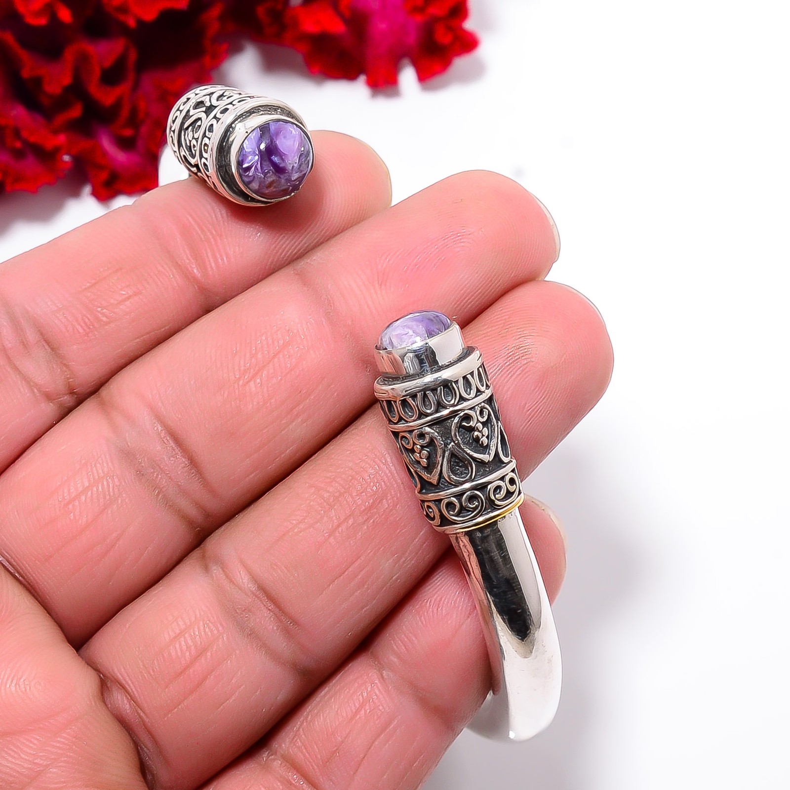 Purple Charoite – Siberia 925 Sterling Silver Bali Cuff|C1000394123