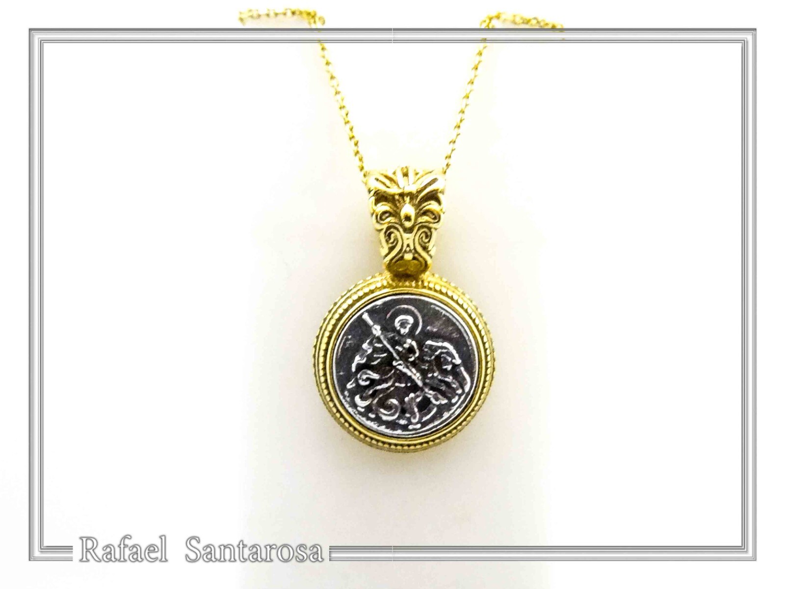 St. George killing Evil talisman charm oxidized silver coin 18ct filligree decor