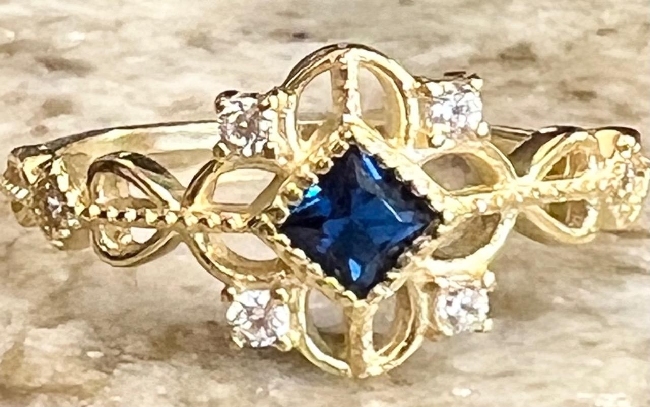 Real Blue Sapphire & Diamond 14K Y Gold on SOLID 925 Ring SZ 8 1/4 Victorian Rev