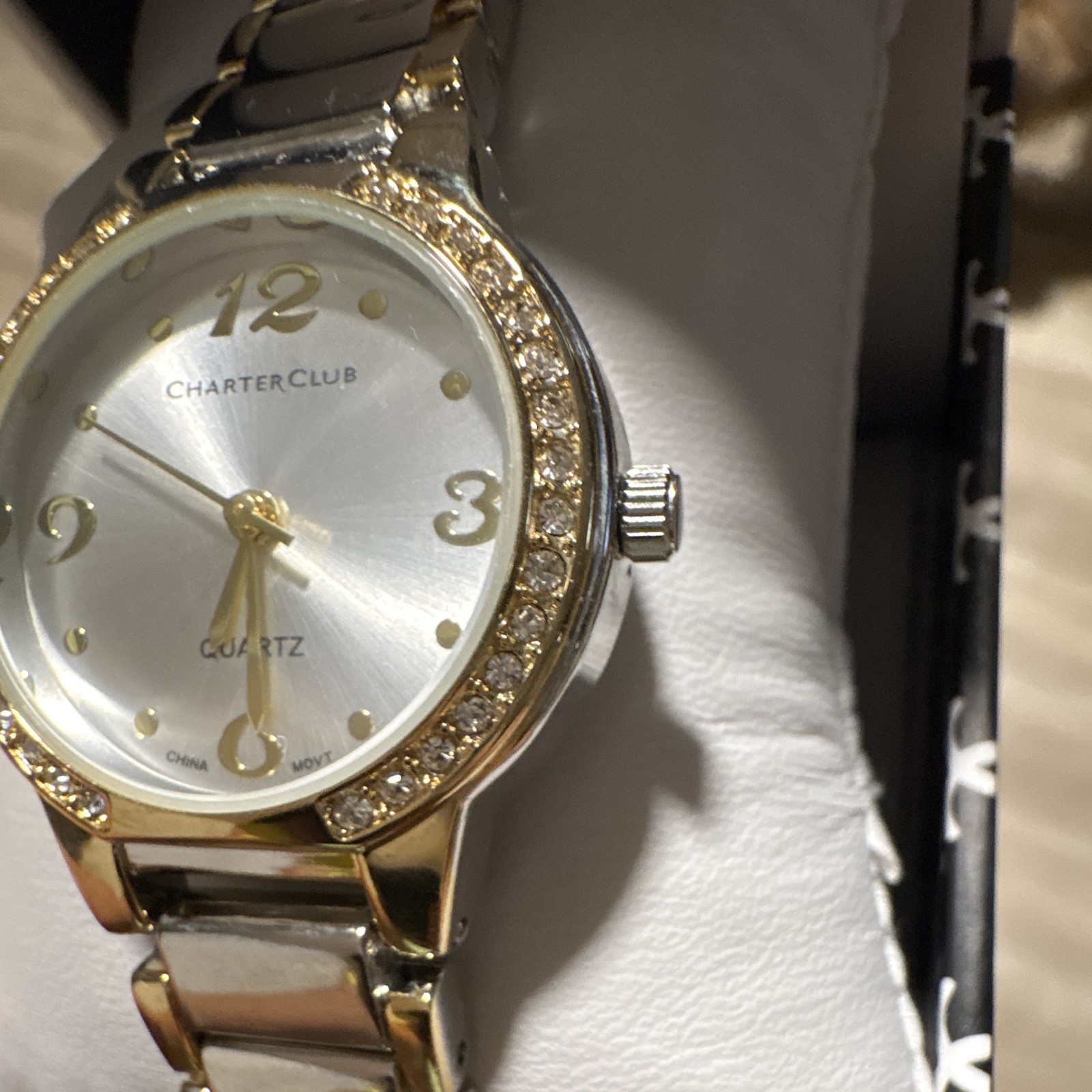 Charter Club Women’s Quartz Analog Gold-Tone Bracelet Silver Dial Gem Bezel Box