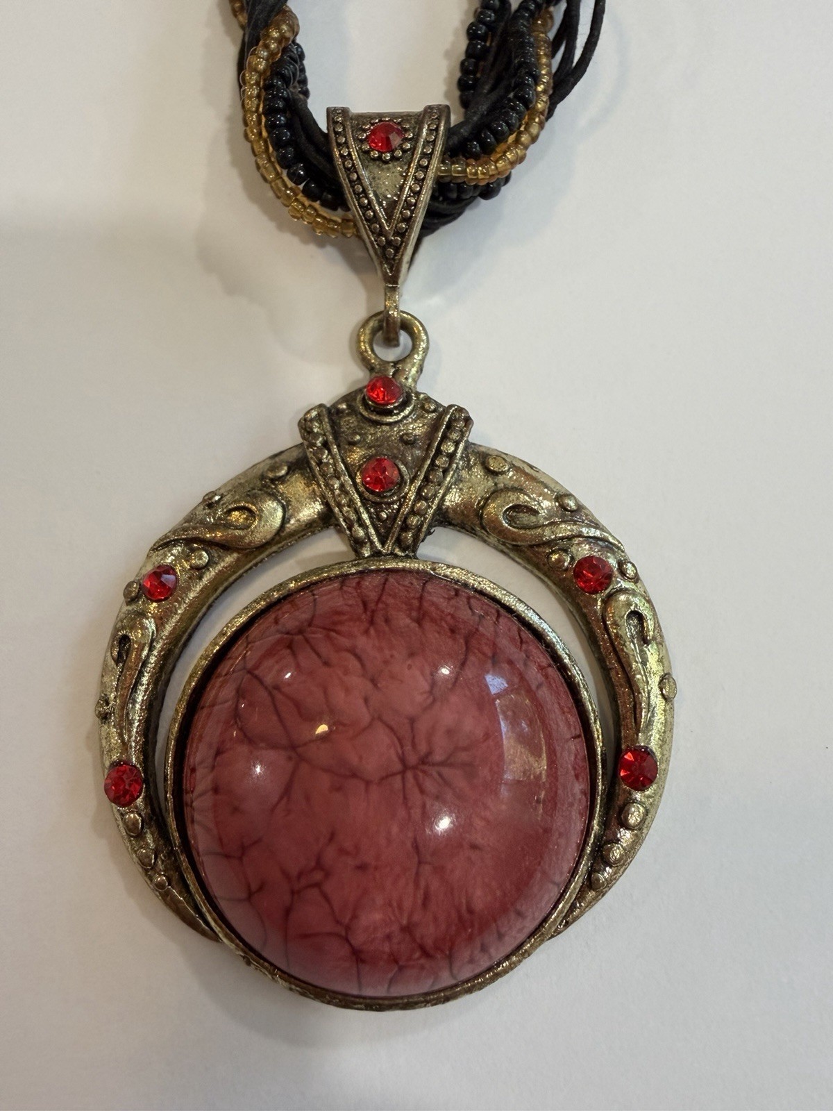 Vintage Boho Statement Pendant Necklace Red Pink Stone Braided Cord Gothic Gypsy