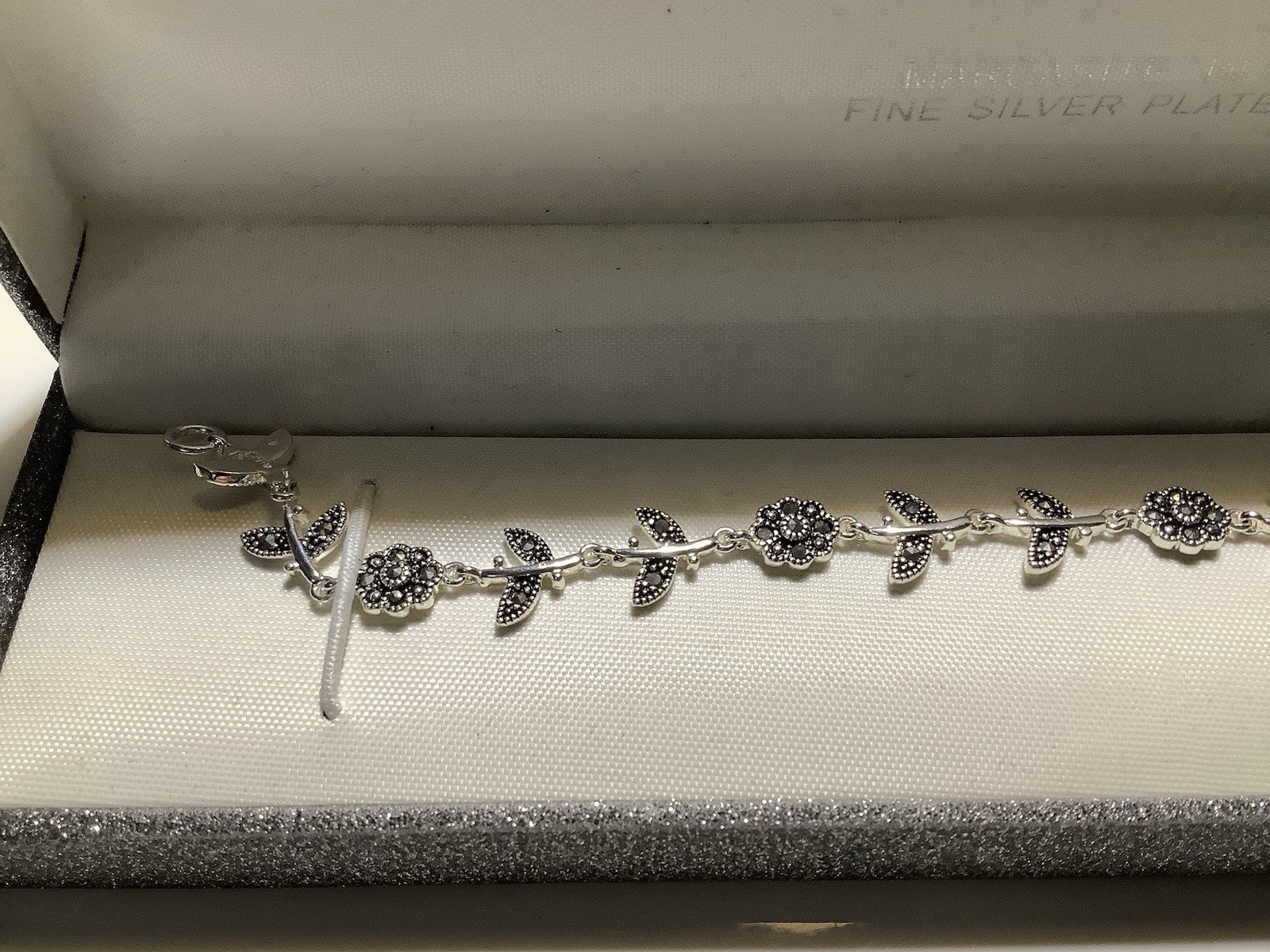 Marcasite In Fine Silver Plate Flower Leaf Vine Bracelet 7.5 Inches Gift Box