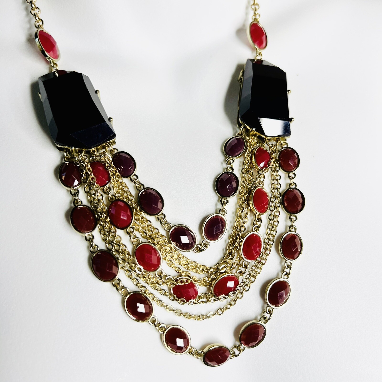 Statement Red Black Resin Stone Layered Multi Strand Bib Necklace Gold Tone 1092