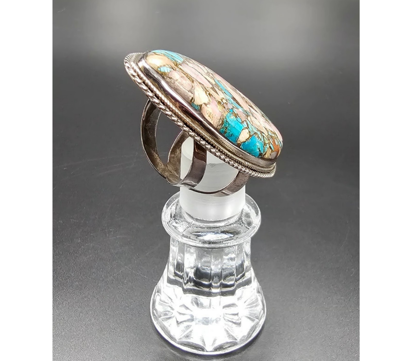 925 Silver Pink Spiny Oyster Turquoise Adjustable Statement Ring