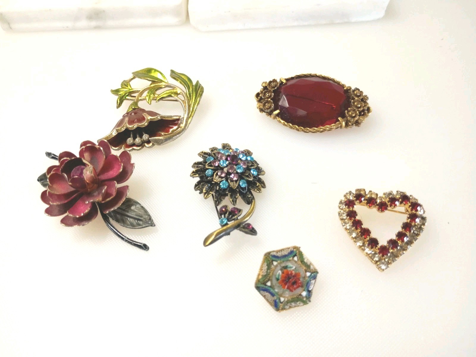 Vintage To Current Brooches Lot of 6 Rhinestone Glass Enamel Paint Gold Fill