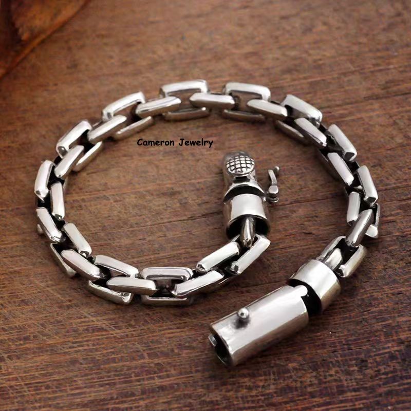 Pure S925 Sterling Silver Chain 8mm Solid Square O Link Bracelet 34-35g 8.67in